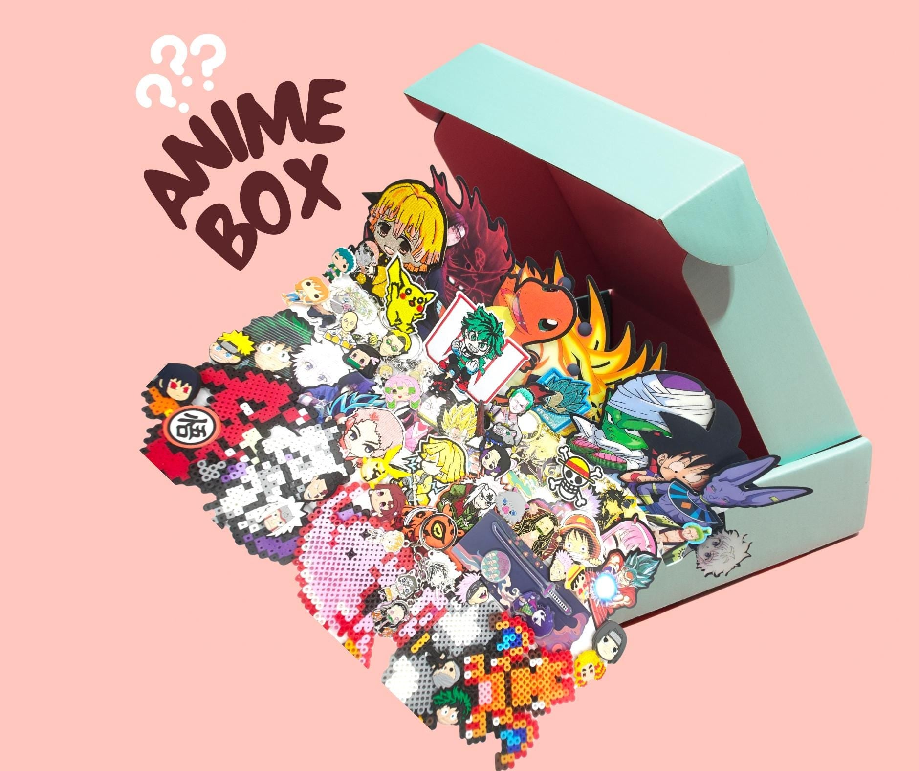 Anime Gift Box (Surprise Mix) – Stickers, Pins, Patches, Keychains, Shoe Charms & Perler-Bead Art | Surprise Pack Gift for Anime Fans
